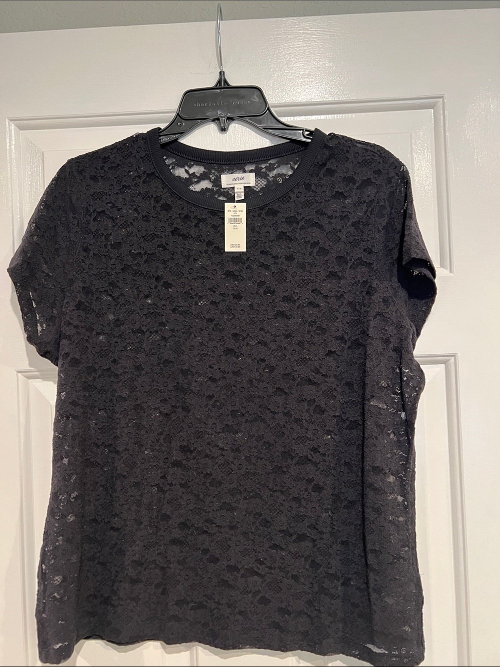 aerie Black Floral Lace Short Sleeve Tee